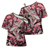 Japanese Hawaiian Crane Cross Shoulder Shirt Soft Pink Tapa Patchwork Pattern