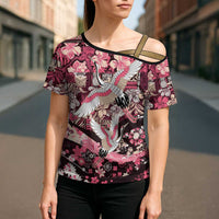 Japanese Hawaiian Crane Cross Shoulder Shirt Soft Pink Tapa Patchwork Pattern