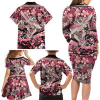 Japanese Hawaiian Crane Family Matching Long Sleeve Bodycon Dress and Hawaiian Shirt Soft Pink Tapa Patchwork Pattern