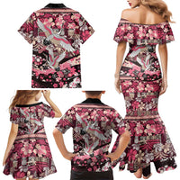 Japanese Hawaiian Crane Family Matching Mermaid Dress and Hawaiian Shirt Soft Pink Tapa Patchwork Pattern