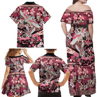 Japanese Hawaiian Crane Family Matching Off Shoulder Maxi Dress and Hawaiian Shirt Soft Pink Tapa Patchwork Pattern