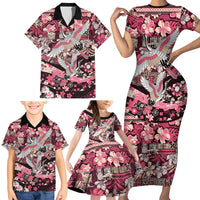Japanese Hawaiian Crane Family Matching Short Sleeve Bodycon Dress and Hawaiian Shirt Soft Pink Tapa Patchwork Pattern