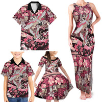Japanese Hawaiian Crane Family Matching Tank Maxi Dress and Hawaiian Shirt Soft Pink Tapa Patchwork Pattern