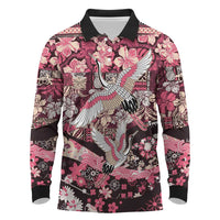 Japanese Hawaiian Crane Long Sleeve Polo Shirt Soft Pink Tapa Patchwork Pattern