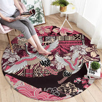Japanese Hawaiian Crane Round Carpet Soft Pink Tapa Patchwork Pattern