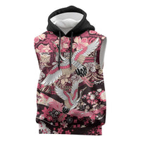 Japanese Hawaiian Crane Sleeveless Hoodie Soft Pink Tapa Patchwork Pattern