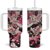 Japanese Hawaiian Crane Tumbler With Handle Soft Pink Tapa Patchwork Pattern