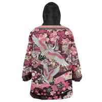 Japanese Hawaiian Crane Wearable Blanket Hoodie Soft Pink Tapa Patchwork Pattern