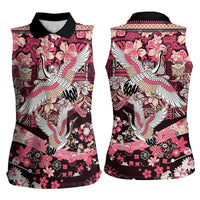 Japanese Hawaiian Crane Women Sleeveless Polo Shirt Soft Pink Tapa Patchwork Pattern