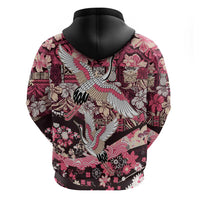 Japanese Hawaiian Crane Zip Hoodie Soft Pink Tapa Patchwork Pattern