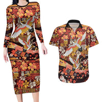Japanese Hawaiian Crane Couples Matching Long Sleeve Bodycon Dress and Hawaiian Shirt Yellow Ochre Tapa Patchwork Pattern