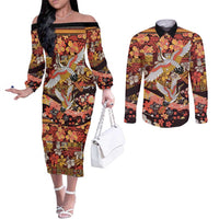 Japanese Hawaiian Crane Couples Matching Off The Shoulder Long Sleeve Dress and Long Sleeve Button Shirt Yellow Ochre Tapa Patchwork Pattern