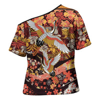 Japanese Hawaiian Crane Cross Shoulder Shirt Yellow Ochre Tapa Patchwork Pattern