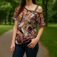 Japanese Hawaiian Crane Cross Shoulder Shirt Yellow Ochre Tapa Patchwork Pattern