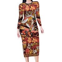 Japanese Hawaiian Crane Family Matching Long Sleeve Bodycon Dress and Hawaiian Shirt Yellow Ochre Tapa Patchwork Pattern