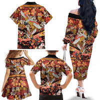 Japanese Hawaiian Crane Family Matching Off The Shoulder Long Sleeve Dress and Hawaiian Shirt Yellow Ochre Tapa Patchwork Pattern LT9 - Polynesian Pride