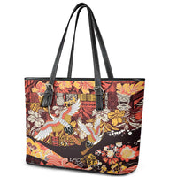 Japanese Hawaiian Crane Leather Tote Bag Yellow Ochre Tapa Patchwork Pattern