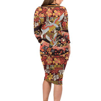 Japanese Hawaiian Crane Long Sleeve Bodycon Dress Yellow Ochre Tapa Patchwork Pattern