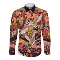 Japanese Hawaiian Crane Long Sleeve Button Shirt Yellow Ochre Tapa Patchwork Pattern
