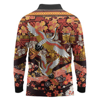 Japanese Hawaiian Crane Long Sleeve Polo Shirt Yellow Ochre Tapa Patchwork Pattern