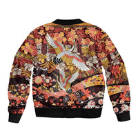 Japanese Hawaiian Crane Sleeve Zip Bomber Jacket Yellow Ochre Tapa Patchwork Pattern