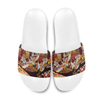 Japanese Hawaiian Crane Slide Sandals Yellow Ochre Tapa Patchwork Pattern