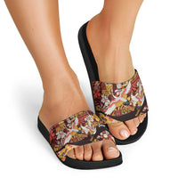 Japanese Hawaiian Crane Slide Sandals Yellow Ochre Tapa Patchwork Pattern
