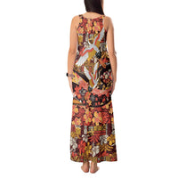 Japanese Hawaiian Crane Tank Maxi Dress Yellow Ochre Tapa Patchwork Pattern