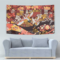 Japanese Hawaiian Crane Tapestry Yellow Ochre Tapa Patchwork Pattern