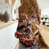 Japanese Hawaiian Crane Women Casual Shirt Yellow Ochre Tapa Patchwork Pattern