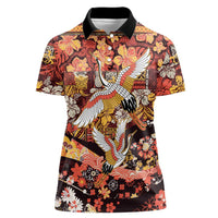 Japanese Hawaiian Crane Women Polo Shirt Yellow Ochre Tapa Patchwork Pattern