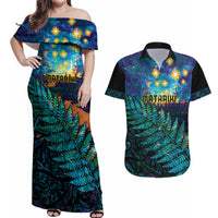 Matariki Te Tau Hou Maori Couples Matching Off Shoulder Maxi Dress and Hawaiian Shirt New Zealand Silver Fern Night Starry Sky LT9 Black - Polynesian Pride