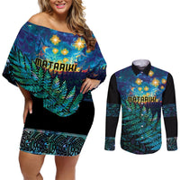 Matariki Te Tau Hou Maori Couples Matching Off Shoulder Short Dress and Long Sleeve Button Shirt New Zealand Silver Fern Night Starry Sky LT9 Black - Polynesian Pride