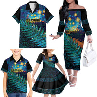 Matariki Te Tau Hou Maori Family Matching Off The Shoulder Long Sleeve Dress and Hawaiian Shirt New Zealand Silver Fern Night Starry Sky LT9 - Polynesian Pride