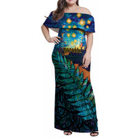 Matariki Te Tau Hou Maori Family Matching Off Shoulder Maxi Dress and Hawaiian Shirt New Zealand Silver Fern Night Starry Sky LT9 Mom's Dress Black - Polynesian Pride