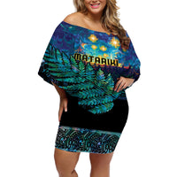 Matariki Te Tau Hou Maori Off Shoulder Short Dress New Zealand Silver Fern Night Starry Sky LT9 Women Black - Polynesian Pride