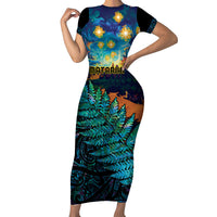 Matariki Te Tau Hou Maori Short Sleeve Bodycon Dress New Zealand Silver Fern Night Starry Sky LT9 Long Dress Black - Polynesian Pride
