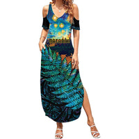 Matariki Te Tau Hou Maori Summer Maxi Dress New Zealand Silver Fern Night Starry Sky LT9 Women Black - Polynesian Pride