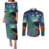 Personalised New Zealand Matariki Art Star Couples Matching Puletasi and Long Sleeve Button Shirt Koru Fern Night Starry Sky LT9 Black - Polynesian Pride