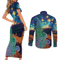 Personalised New Zealand Matariki Art Star Couples Matching Short Sleeve Bodycon Dress and Long Sleeve Button Shirt Koru Fern Night Starry Sky LT9 - Polynesian Pride
