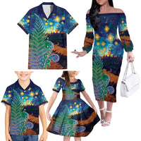 Personalised New Zealand Matariki Art Star Family Matching Off The Shoulder Long Sleeve Dress and Hawaiian Shirt Koru Fern Night Starry Sky LT9 - Polynesian Pride