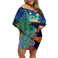 Personalised New Zealand Matariki Art Star Off Shoulder Short Dress Koru Fern Night Starry Sky LT9 Women Black - Polynesian Pride