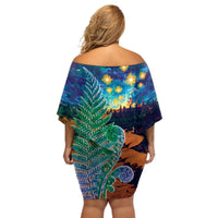 Personalised New Zealand Matariki Art Star Off Shoulder Short Dress Koru Fern Night Starry Sky LT9 - Polynesian Pride