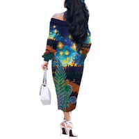 Personalised New Zealand Matariki Art Star Off The Shoulder Long Sleeve Dress Koru Fern Night Starry Sky LT9 - Polynesian Pride
