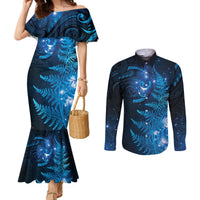 New Zealand Matariki Couples Matching Mermaid Dress and Long Sleeve Button Shirt Blue Milky Way Stars Night Sky LT9 Blue - Polynesian Pride