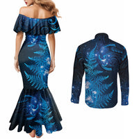 New Zealand Matariki Couples Matching Mermaid Dress and Long Sleeve Button Shirt Blue Milky Way Stars Night Sky LT9 - Polynesian Pride