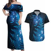 New Zealand Matariki Couples Matching Off Shoulder Maxi Dress and Hawaiian Shirt Blue Milky Way Stars Night Sky LT9 Blue - Polynesian Pride