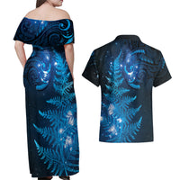 New Zealand Matariki Couples Matching Off Shoulder Maxi Dress and Hawaiian Shirt Blue Milky Way Stars Night Sky LT9 - Polynesian Pride