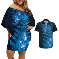 New Zealand Matariki Couples Matching Off Shoulder Short Dress and Hawaiian Shirt Blue Milky Way Stars Night Sky LT9 Blue - Polynesian Pride