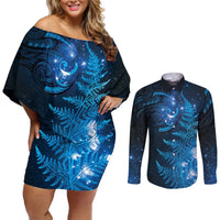 New Zealand Matariki Couples Matching Off Shoulder Short Dress and Long Sleeve Button Shirt Blue Milky Way Stars Night Sky LT9 Blue - Polynesian Pride